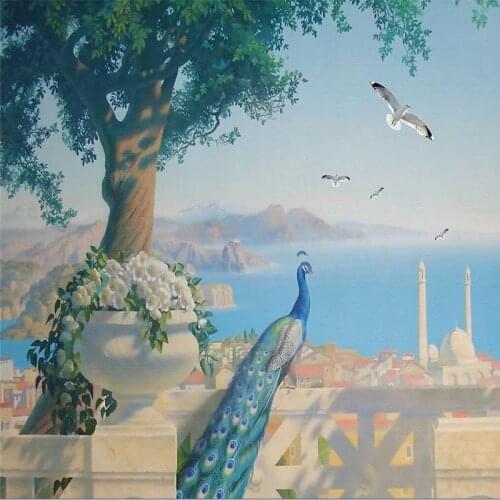 Decorative Wallpaper 3D Relief Of Mediterranean Scenery Tree Peacock Background Wall Painting