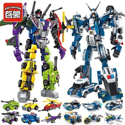 ENLIGHTEN Helicopter Police Truck Warrior Model Building Blocks Bricks Compatible Deformation Robot Toys Children Gift
