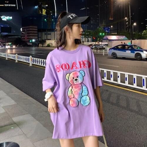 Three-dimensional embroidery plush bear short-sleeved T-shirt net celebrity student tide brand half-sleeved fema