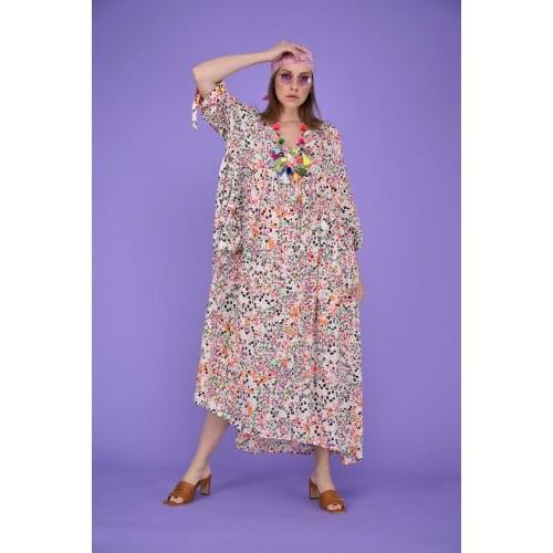 Crispy Floral Patterned 3-Buttoned Cotton Fabric Long Dress 2021 New Fashion Womens Clothing With Plus Size Options
