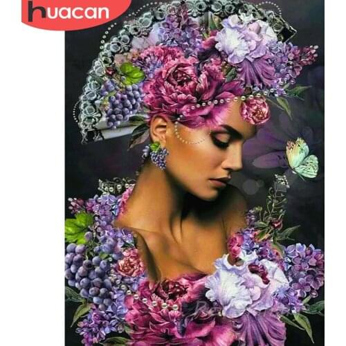 HUACAN Diamond Painting Cross Stitch Girl DIY Diamond Embroidery Portrait Full Square Round Mosaic Rhinestone Flower Home Decor