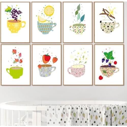Watercolor Fruits Cup Pictures Avocado Lemon Grape Strawberry Kiwi Posters Nursery Dining Living Room Prints Painting Home Decor