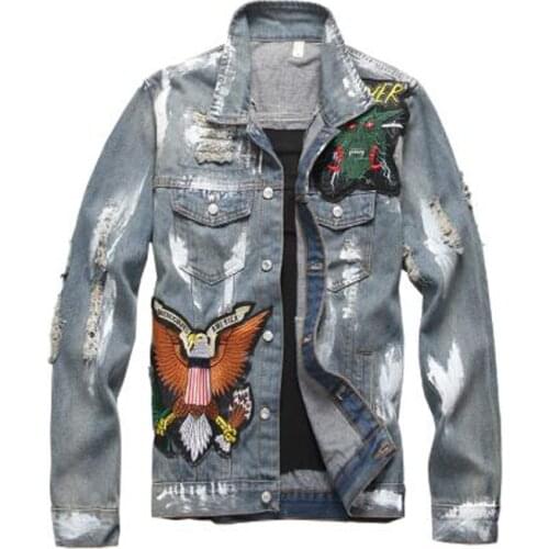 New Mens male slim American flag embroidered ripped jean jacket Trendy letters birds distressed denim top coat Outerwear