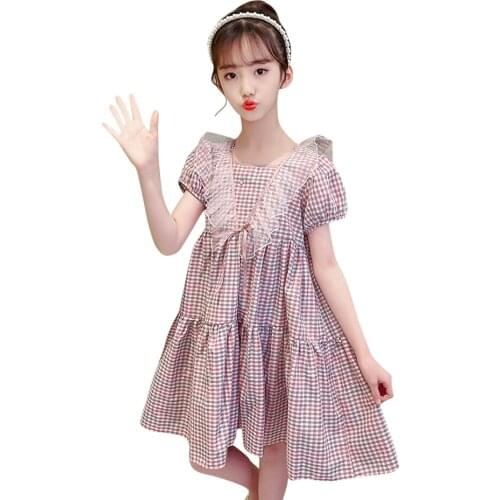 Girl Summer Dresses Plaid Pattern Dress For Kids Girl Mesh Dress For Children Casual Style Childrens Costumes For Girls