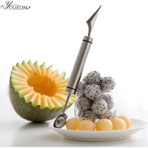 OYOURLIFE 2 In 1 Stainless Steel Ice Cream Ball Spoon DIY Fruit Digging Spoon Tool Creative Watermelon Melon Fruit Carving Knife