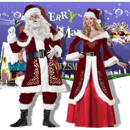M-XXXL 2019 New Deluxe Velvet Christmas Santa Claus Suit Adult Mens Costume gloves + shawl+hat+clothes+belt+Foot cover+gloves