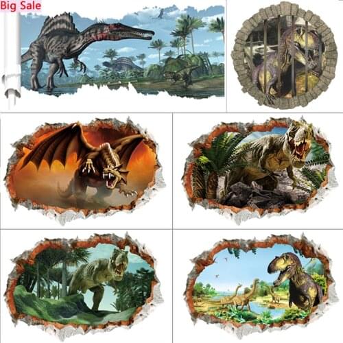 New Arrivals 3d Dinosaurs Wall Stickers Home Decoration Vivid Broken Hole Safari Mural Art Boys Kids Room Pvc Decals Diy Poster
