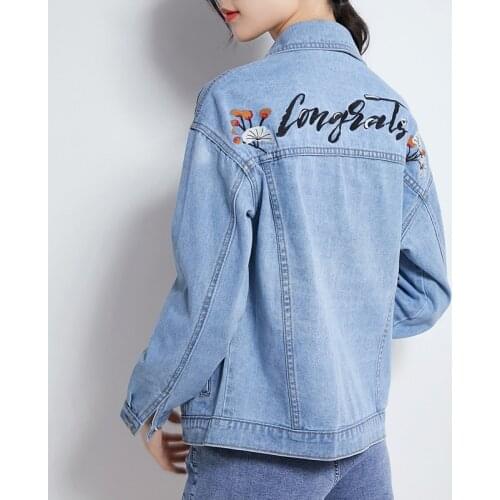Embroidered long-sleeved solid color denim jacket, womens loose tooling jacket, all-match denim shirt