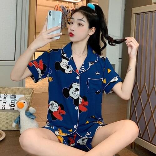 Disney Girl Mickey Print Pajamas Short-Sleeved Cartoon Cute Fashion Plus Size 5XL Cardigan Home Service Two-Piece Suit Gift
