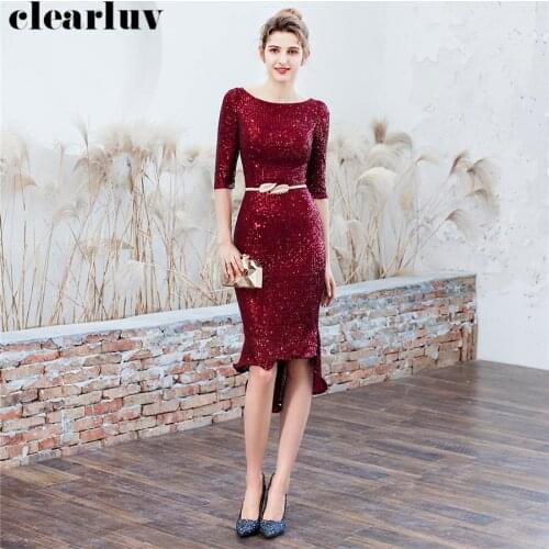Half Sleeve Prom Dress Burgundy Plus Size O-Neck Dresses Women Party Night DX275-3 2019 Short Vestidos De Gala Sequins Prom Gown