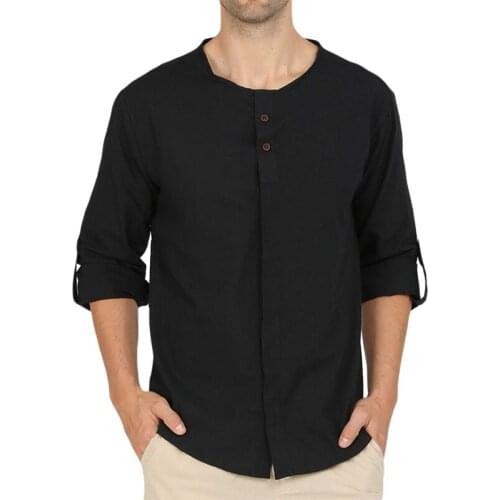 Mens Linen Shirts for Beach Square Neck Solid Color Long Sleeve Shirt Casual and Comfortable USA/EU Size