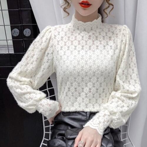Long-sleeved half-high-necked shirt Western style autumn new thick lace mesh shirt with a bottoming coat for women
