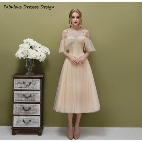 Off Shoulder Tea Length Prom Dresses 2021 Spaghetti Strap Sweetheart Tulle A Line Evening Dress Party Women Vestido De Fiesta