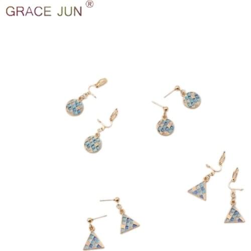 GRACE JUN 2019 New Fashion Mosaic Triangle Square Oval Clip on Earrings and Pierced Earrings for Women Charm Jewelry Wholesale