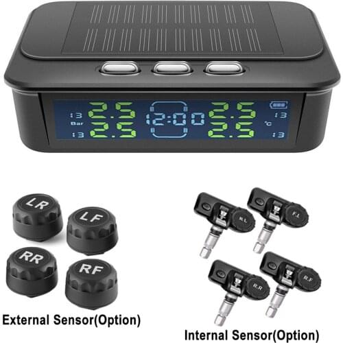 Wireless Solar Car TPMS LCD Vehicle Tire Pressure Monitoring Tyre Temperature Alarm Warning System With Clock & 4 Sensors