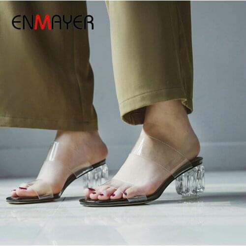 ENMAYER 2020 Synthetic Solid Plastic Summer Shoes Woman PU Rubber Outside Slippers Women Square Heel Slides Women Size 34-43