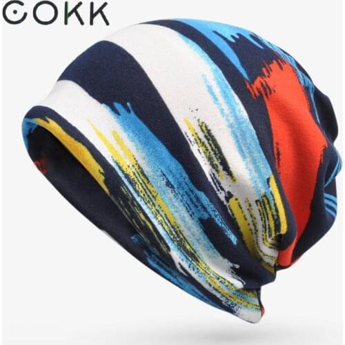 COKK Winter Hat Beanie Turban Hats For Women Men Plus Velvet Warm Stripe Skullies Beanies Hat Male Bone Cap Female Scarf 2 in 1