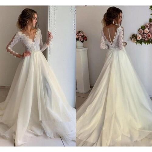 Vintage Illusion Scoop Wedding Dresses Sheer Long Sleeves Appliques Lace A line Floor Dress Bridal Gown Prom robe de mariee 2020