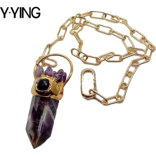 Y·YING 23'' Natural Amethysts Point Pendant necklace gold color plated Chain Necklace hiphop for women