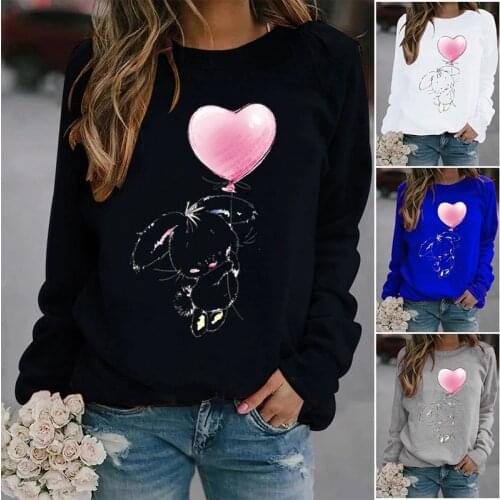 Bunny Hold Balloon Printed Hoodies Women Fleece Long Sleeve O Neck Loose Sweatshirt Girls Women Hoodie Pullovers Winter