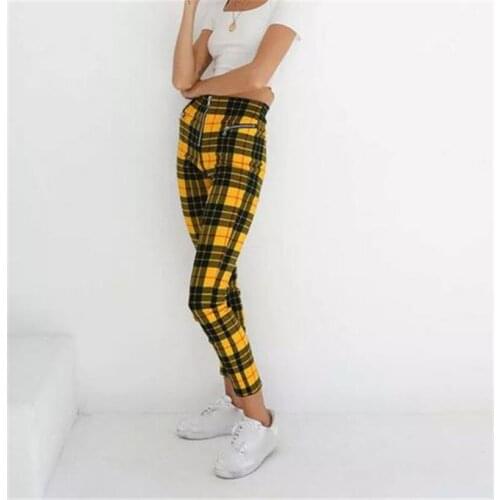 Women Plaid Pants Ladies High Waist Zip-up Plaid Trouser Fashion Pencil Pants
