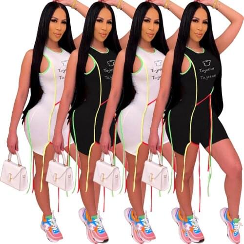 Echoine Women Summer Sexy etter print Shorts Playsuits Skinny Bra Jumpsuits Bandage Color bar Drawstring Sports Nightclub Romper