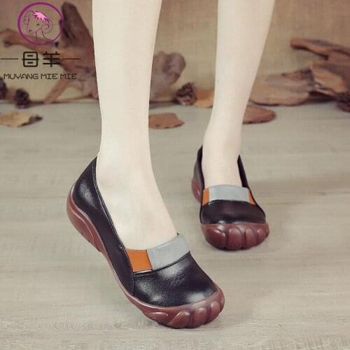 MUYANG 2021 Genuine Leather Flats Shoes Woman Soft Casual Mix Color Ladies Single Shoes Large Size Comfortable Mother Shoes
