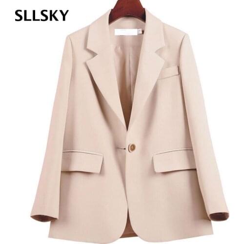 SLLSKY 2021 Autumn Blazer Women Single Button Oversized Suits Jacket Office Ladies Loose Plus Size Long Sleeve Out Wear Blazer