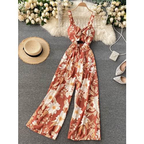 Sexy Floral Hollow Out Spaghetti Strap Romper Women Summer Beach Vacation Party Jumpsuits Elegant Wide Leg Bandage Playsuits New