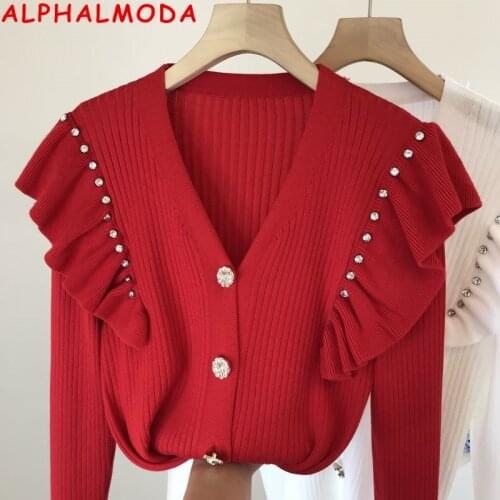 ALPHALMODA 2021 Autumn New French Foreign Style Ruffled Details Crystal Trim Single Breasted Women Sweet Knitted Cardigan Outfit