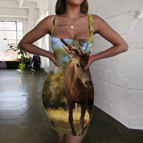 KYKU Deer Dresses Women Animal Sundress Landscape Vestido Sexy Harajuku Halter Sleeveless Womens Clothing Party Beach Beach