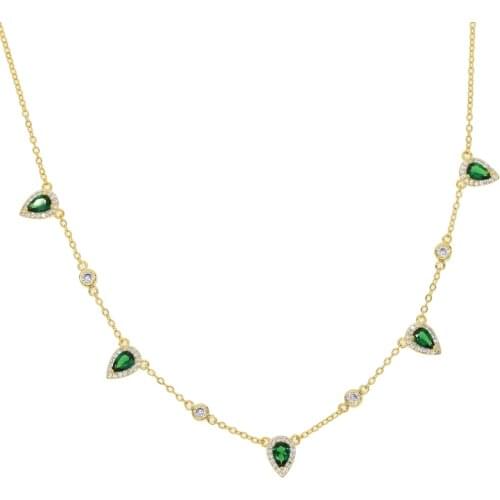 Gold color fashion women lady jewelry green cubic zirconia tear drop cz charm choker collar necklace