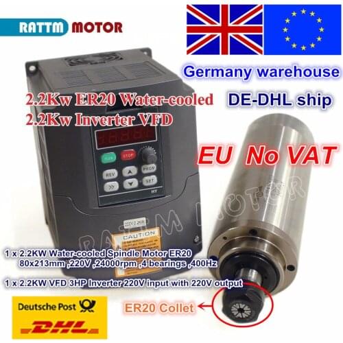 EU ship free VAT 2.2KW water cooled spindle motor ER20 400Hz & 2.2KW VFD 220V inverter for CNC Router Milling/Engraving machine