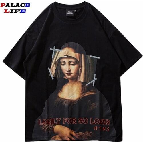 Harajuku Mens T-Shirt Funny Mona Lisa Print Summer Cotton Short Sleeve Hip Hop Loose streetwear T Shirt Men camisetas hombre