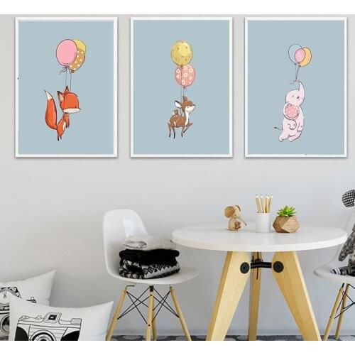 Nordic Cartoon Baby Animals Canvas Paintings Nursery Pink Balloon Art Poster Fox Deer Rabbit Print Wall Pictures Kids Room Décor