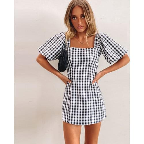 Summer Mini Dress For Women Yellow Black Plaid French Square Neck Puff Sleeve College Style High Waist Pullover Open Back Dress