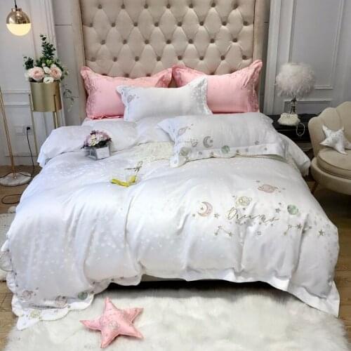 White Blue Pink Starry Sky Embroidery Satin Like Silk Cotton Bedding Set Jacquard Duvet Cover Bed Linen Fitted Sheet Pillowcases