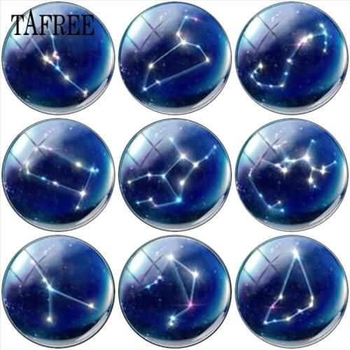 TAFREE 12 Zodiac Signs Round Photo Glass Cabochon Demo Flat Back Making Findings 12mm/15mm/16mm/18mm/20mm/25mm