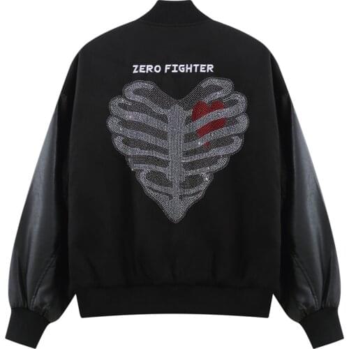 New Hip Hop Skull Drilling Bsaeball Jackets Men High Street Pu Sleeves Streetwear Outwear Coats Male Top Clothing Harakuju