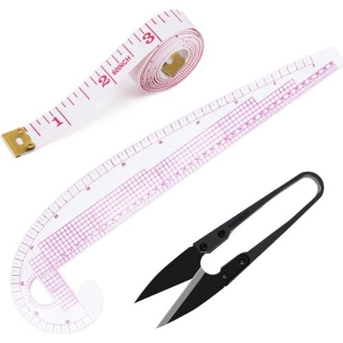 LMDZ 3Pcs Plastic French Curve Metric Sewing Ruler Body Measuring Ruler Sewing Tailor Soft Tape Yarn U-Shaped Scissors Household