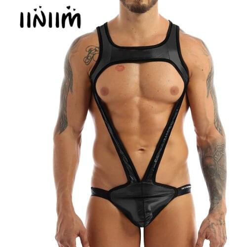 Mens Gay Shiny Metallic Straps Bulge Pouch Jockstrap Wrestling Singlet Mankini Bodysuit Underwear Body Latex Costumes Clubwear