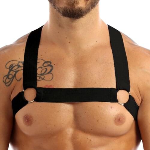 MSemis Mens Harness Bondage Gay Clubwear Costumes Shoulder Body Chest Muscle Harness Belt Straps Arnes Hombre Belt with O-ring