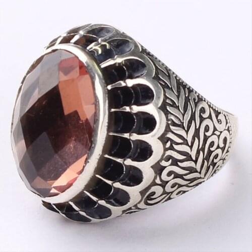 Mans Silver Zircon Ring, 925 Silver Brown Zircon Handmade Leaf Motif Man Ring