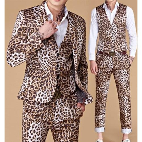 Mens Smooth Velvet Leopard Slim Suit 3 Piece Set Jacket Vest Pants High Quality Banquet Fashion Luxury Blazers Coat Trousers