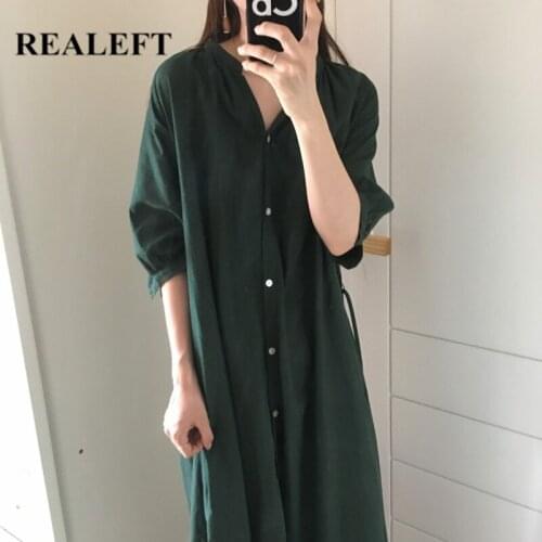 REALEFT Spring Summer 2021 New Oversize Women Long Dresses Casual Loose Fashionable V Neck Single Breasted Female Shirts Dresses