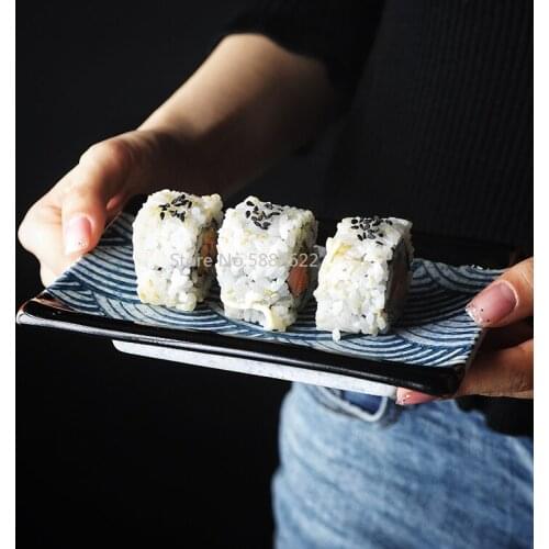 Blue Wave Pattern Ceramic Plate Western Tableware Steak Dish Home Kitchen Porcelain Plate Rectangle Square