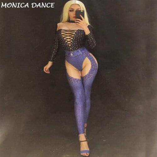 Black Bandage Pattern Jeans Jumpsuit Long Sleeve Stones Sexy Wear Female Singer Costume Birthday Prom Party Women Dance Clothes