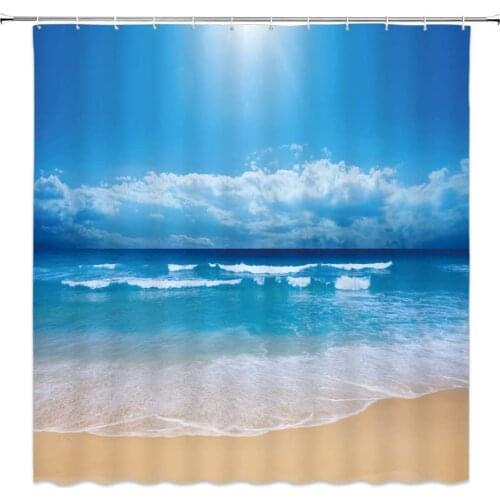 Beach Shower Curtain Bathroom Decor Ocean Scenery Seaside Vacation Blue Sky Sea Wave Themed Polyester Bath Hanging Curtains Sets