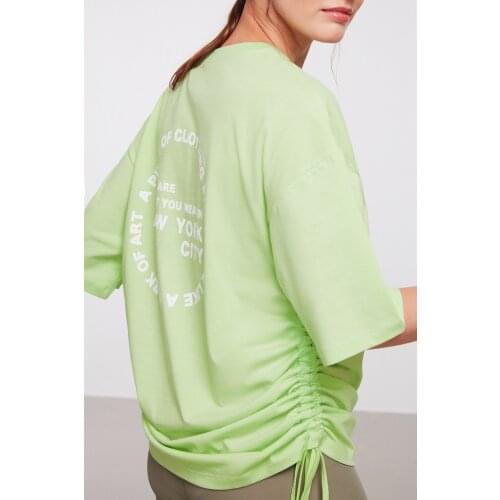 Womens Light Green Oversize Crew Neck Off Shoulder Printed Tshirt Casual Fashion Items Street Sport Style Wear Spring Summer
