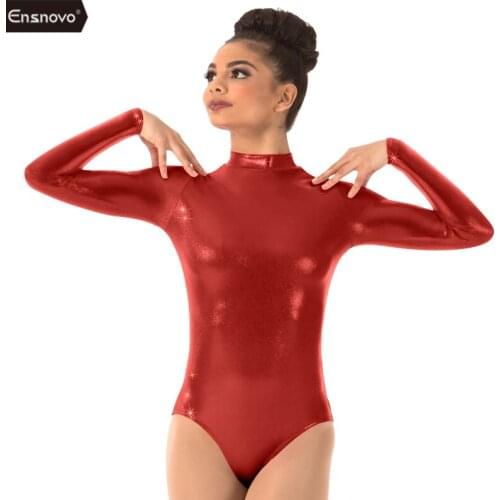 Ensnovo Women Metallic Shiny Suit Ballet Dance Wear Bodysuit for Women Gymnastics Leotard Tight Nylon Suit Girls Wetlook Leotard